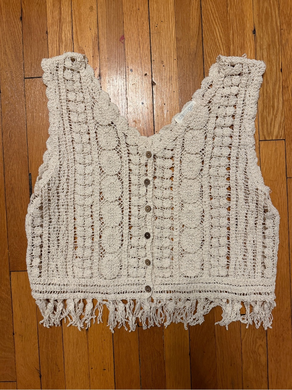 Rebellion Crochet Fringe Button-Front V-Neck Vest - Cream